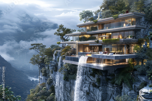 Snowflakes fall around a luxury cliffside retreat with expansive windows  nestled high in snowy mountain peaks at sunset..