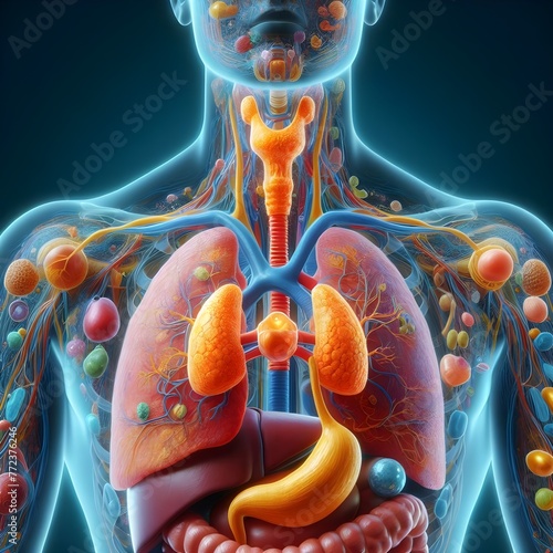 Visualization of the endocrine system, including glands such as the thyroid and adrenal glands.