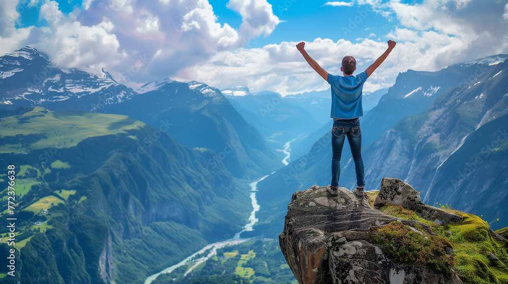 Obraz premium Positive man celebrating on mountain top, with arms raised up. Hiker stands on pinnacle summit, arms outstretched. Happy strong celebrating winning success confident man , Ai generated