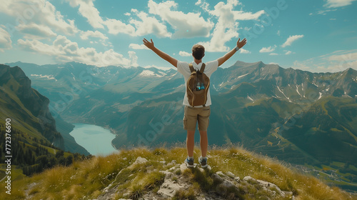 Positive man celebrating on mountain top, with arms raised up. Hiker stands on pinnacle summit, arms outstretched. Happy strong celebrating winning success confident man , Ai generated photo