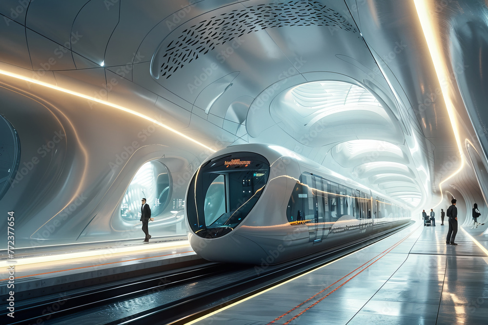 Spacious and modern futuristic train station interior with dynamic curves and reflective surfaces creating an ethereal atmosphere..