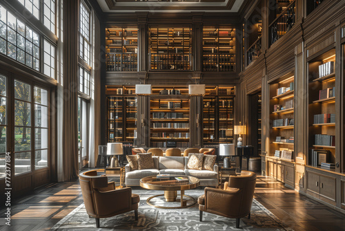 A luxurious blue home library with a velvet sofa, golden accents, and an ornate spiral staircase amidst book-lined walls..