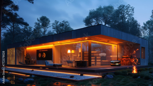 Nighttime view of a smart home with digital blueprint overlays, highlighting advanced technology integration in modern living.. © bajita111122