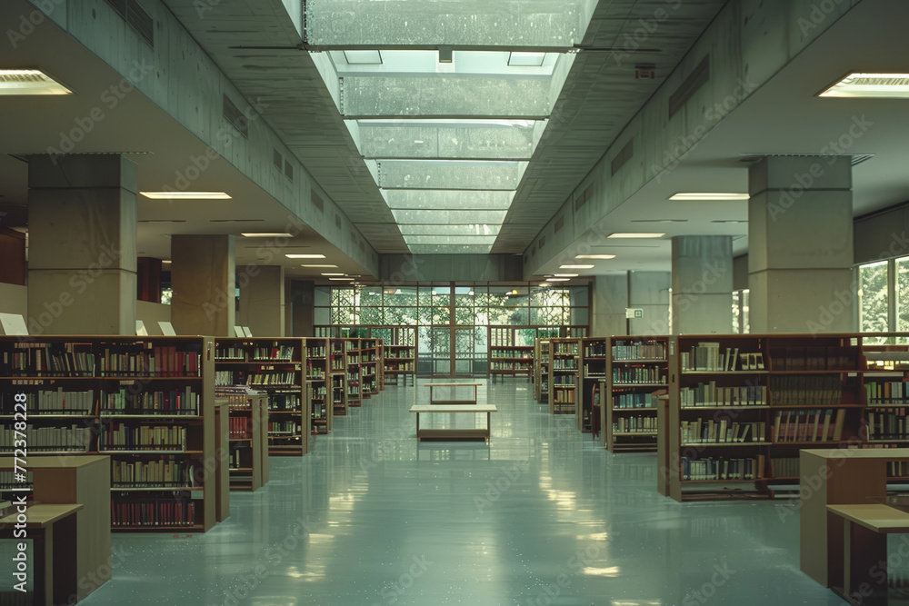 Public library interior featuring rows of bookshelves, skylights providing natural light, and a reflective floor..