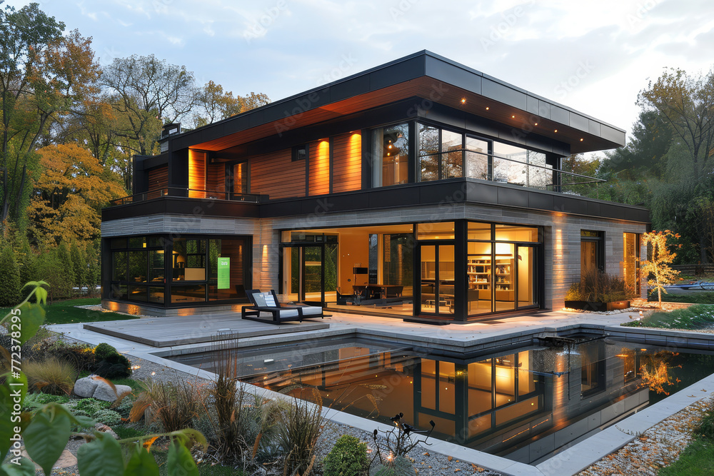 Contemporary luxury house with illuminated interiors, surrounded by natural autumn landscape at dusk..