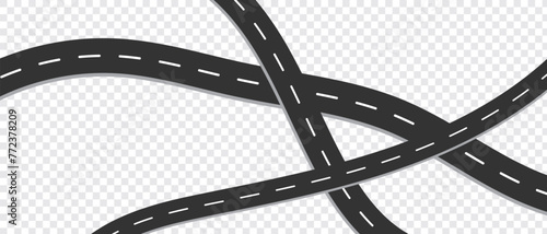 Straight and winding road road. Seamless asphalt roads template. Highway or roadway background. Vector illustration. Seamless highway marking Isolated on background.