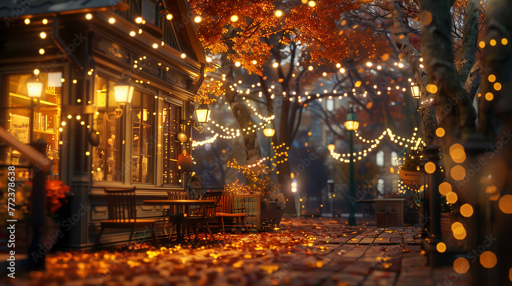 Enchanting Autumn Street with Festive Lights and Fallen Leaves