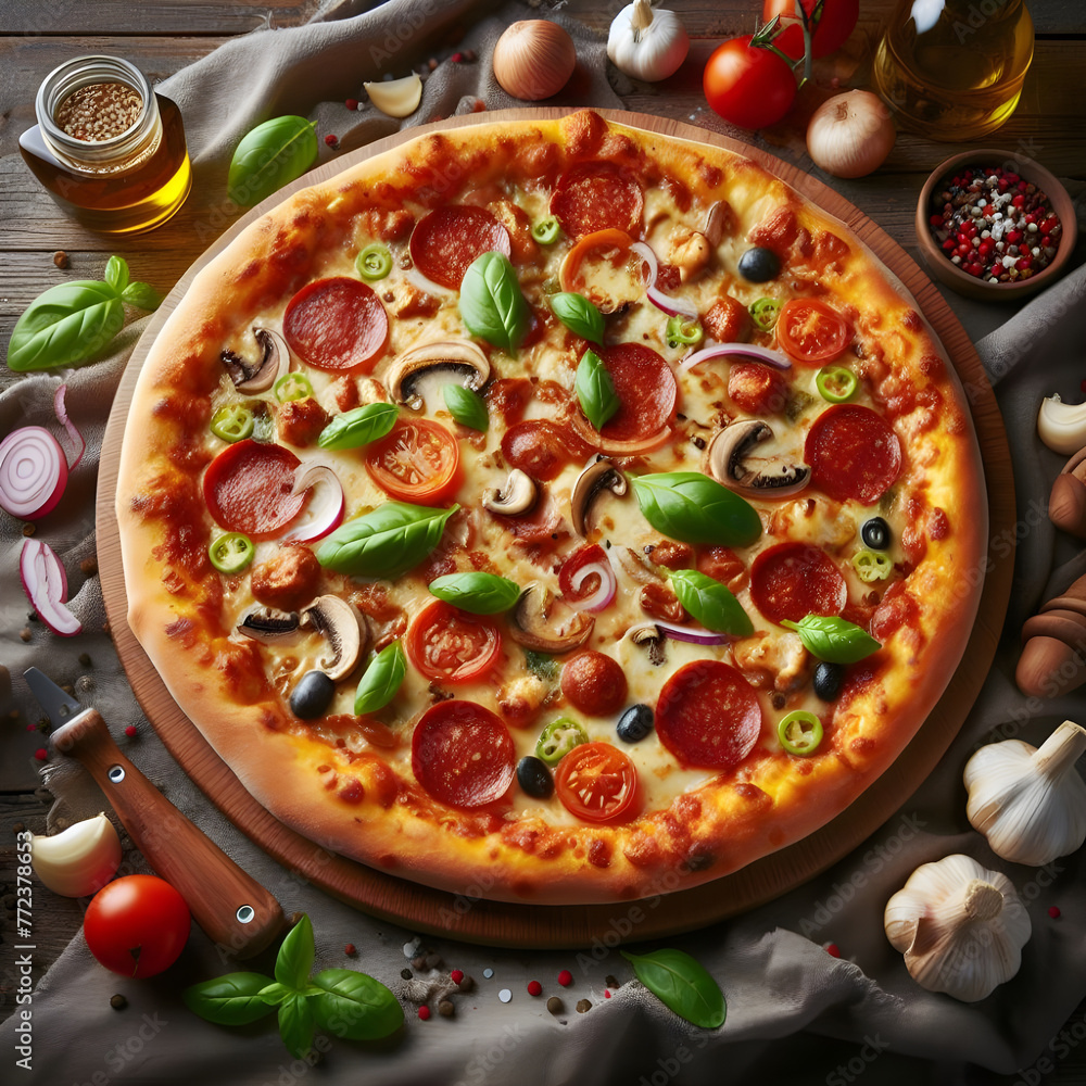 Photo a delicious pizza with a variety of toppings including tomatoes, jalapenos, peppers, and etc. Photo a delicious pizza with a variety of toppings including tomatoes, jalapenos, peppers, and etc.