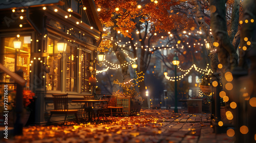 Enchanting Autumn Street with Festive Lights and Fallen Leaves