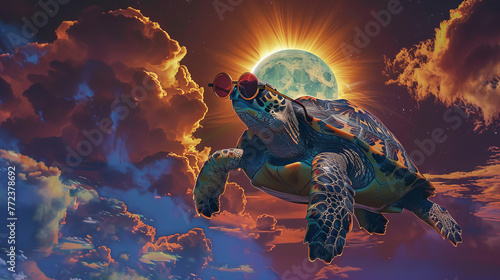 A turtle wearing sunglasses flies through the sky above a moon and clouds. The image has a whimsical and playful mood, as the turtle is not a typical subject for a photograph