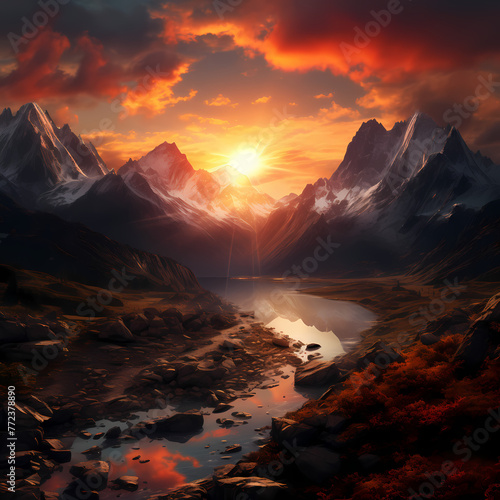 A dramatic sunrise over a mountain range.