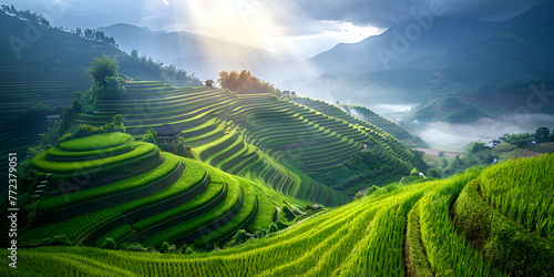 Rice terraces and village. generative ai photo