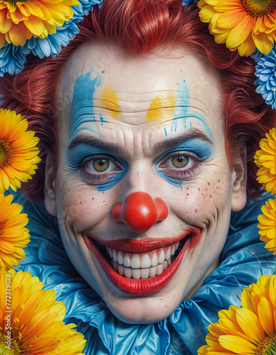 Portrait of a clown with red hair, and a red nose smiling and surrounded by yellow flowers.