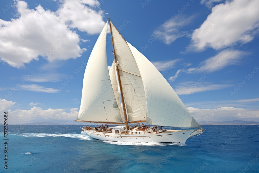 Tranquil white sailboat smoothly sailing on the serene deep blue ocean waters with clear blue skies and fluffy white clouds, embodying a perfect image of peace and beauty.