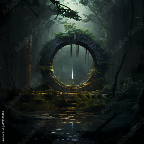 A mysterious portal in the middle of a dark forest