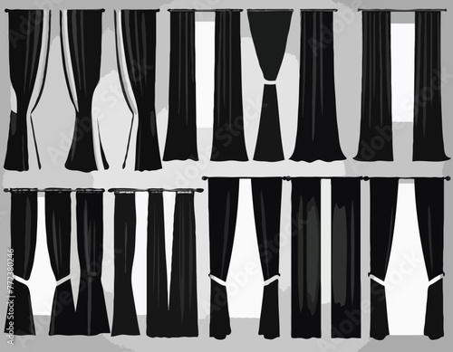 Black and white curtains set, 3d open and closed silk, velvet or satin curtains drap