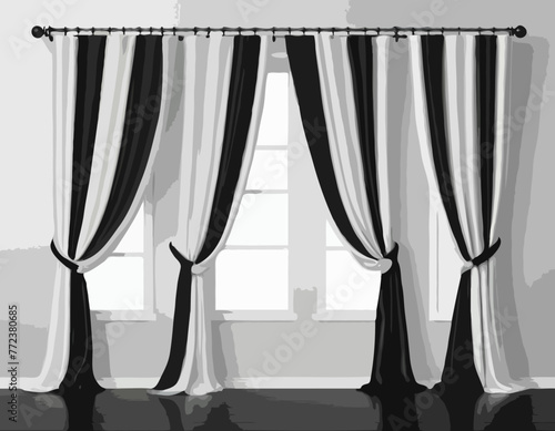 Black and white curtains set, 3d open and closed silk, velvet or satin curtains drap