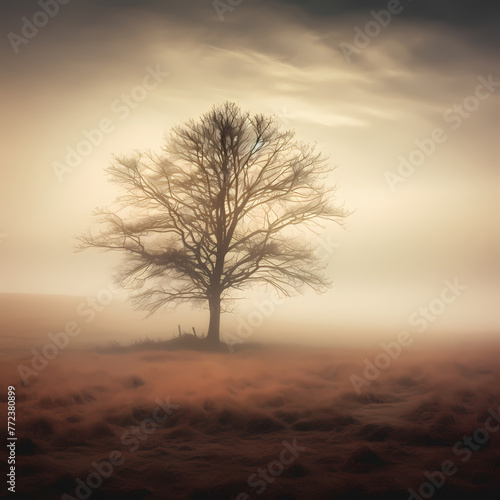 A solitary tree in a foggy meadow. 