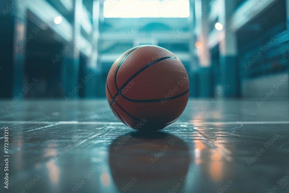 Basketball ball on the court with a hall background with space for text Basketball ball on the court with a hall background with space for text