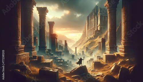 A lone figure stands amidst the grandeur of ancient ruins, the rising sun casting a golden glow over the remnants of a once-great civilization.