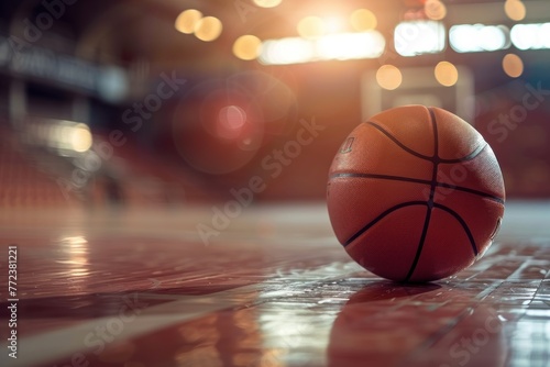 Basketball ball on the court with a hall background with space for text photo