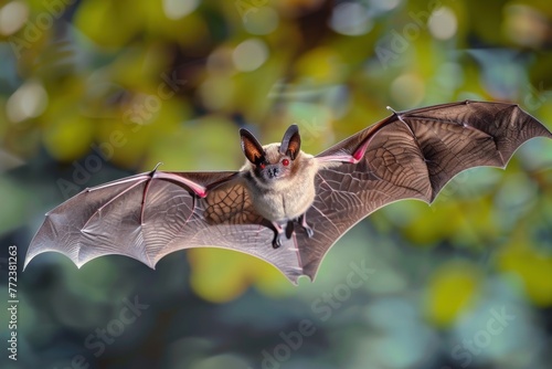 Bat with red eyes with spread wings while flying