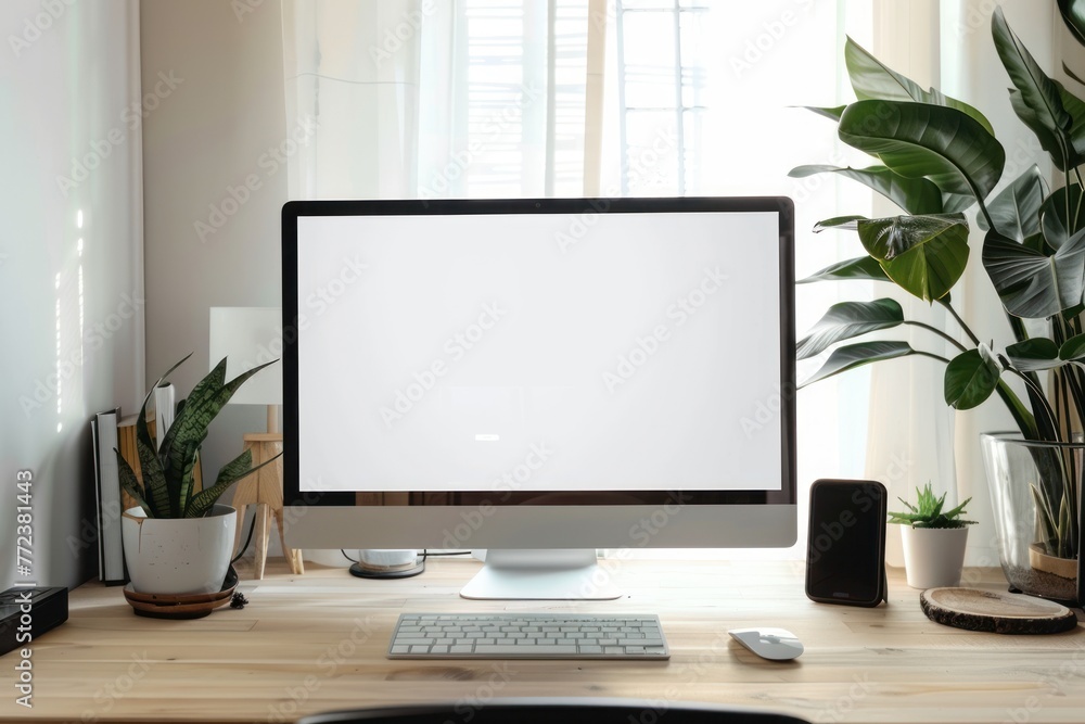 Beautiful background with a modern computer on a desk with a blank white screen for a logo Beautiful background with a modern computer on a desk with a blank white screen for a logo