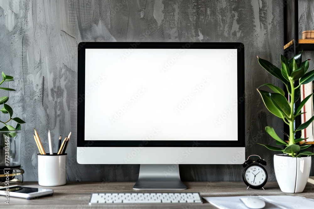 Beautiful background with a modern computer on a desk with a blank white screen for a logo - obrazy, fototapety, plakaty 