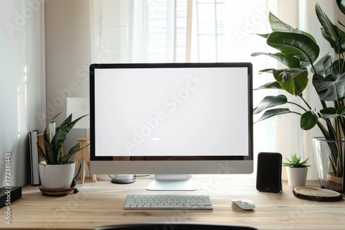 Beautiful background with a modern computer on a desk with a blank white screen for a logo