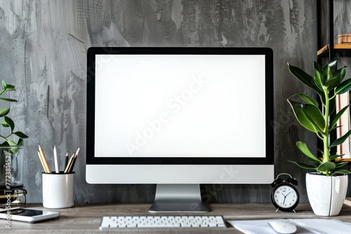 Beautiful background with a modern computer on a desk with a blank white screen for a logo photo