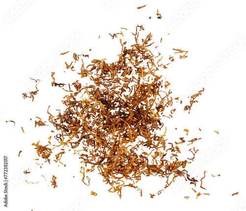 A pile of shredded tobacco for cigarette rolling, top view, isolated on a transparent background, graphic element