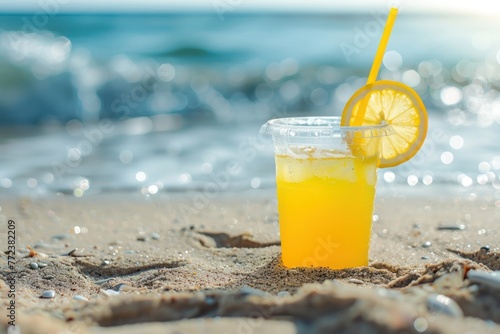 lemonade on the beach in the sand against the background of the sea or ocean with a place for an inscription or logo