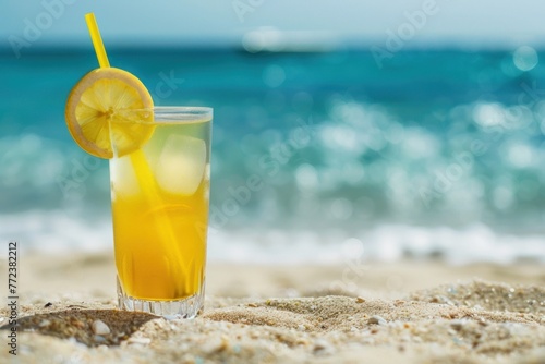 lemonade on the beach in the sand against the background of the sea or ocean with a place for an inscription or logo