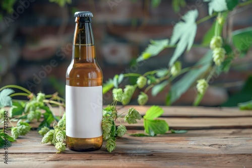 A bottle of beer with a white label with a place for a logo