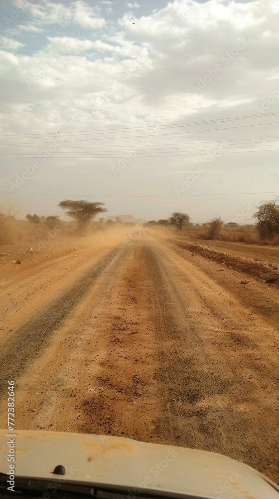 Naklejka premium Dusty road to a food distribution center, journey for sustenance