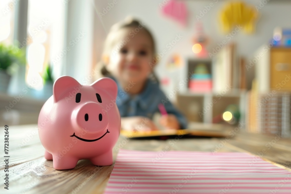A child with pink piggy bank on wooden desk A child with pink piggy bank on wooden desk