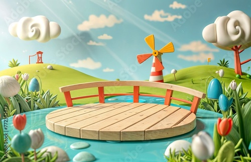 Wooden bridge and windmill in the park