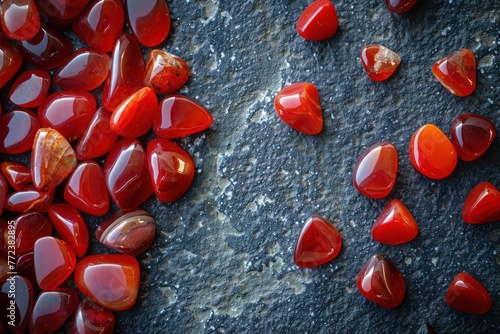 A collection of polished, red carnelian gemstones scattered on a dark, elegant surface photo