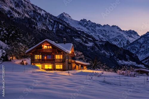 A cozy mountain cabin with illuminated windows nestles in a snowy landscape at twilight © Anna
