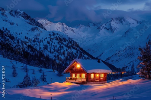 A cozy mountain cabin with illuminated windows nestles in a snowy landscape at twilight