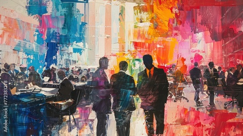 An oil painting of a bustling stock exchange, where figures in suits exchange financial instruments amidst a backdrop of vibrant colors and dynamic brushstrokes.