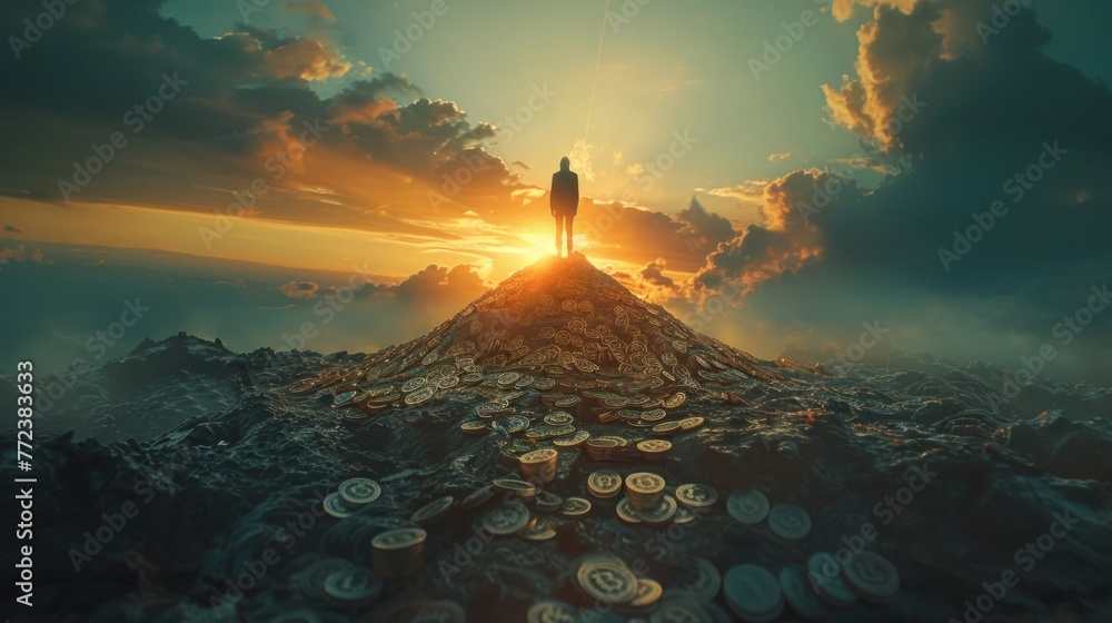 A lone figure standing atop a mountain of coins and bills, gazing out towards the horizon, representing the triumph of financial success. - obrazy, fototapety, plakaty 