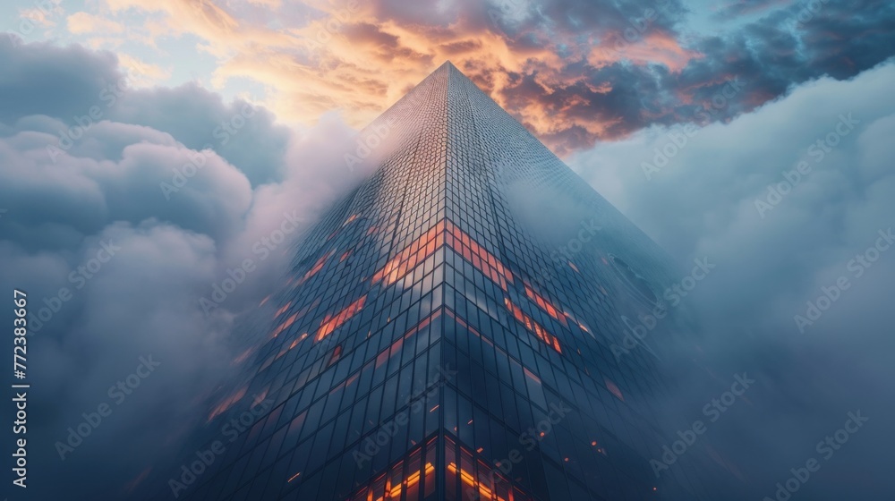 A majestic skyscraper, towering into the clouds, adorned with the logos of various financial institutions, representing the power and influence of the finance industry. - obrazy, fototapety, plakaty 