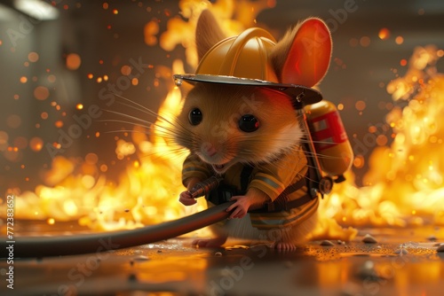 A small mouse is wearing a fireman's hat and is holding a hose