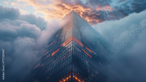 A majestic skyscraper, towering into the clouds, adorned with the logos of various financial institutions, representing the power and influence of the finance industry.