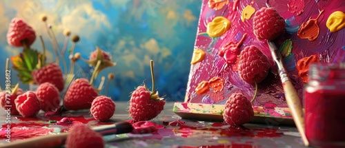 A raspberry character as a painter creating a masterpiece on a canvas