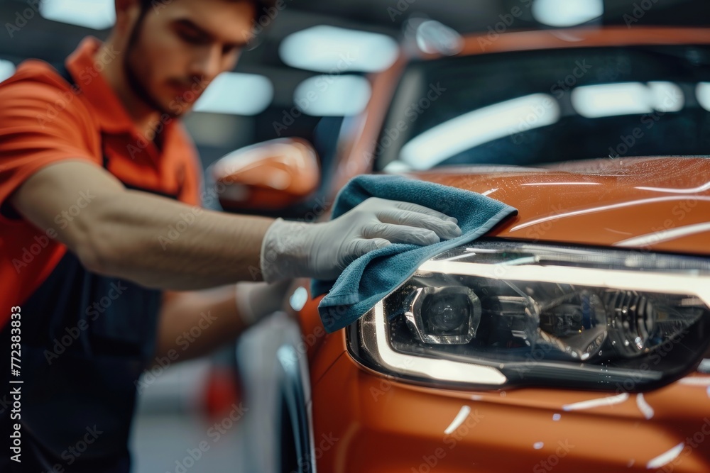 Obraz premium A man cleaning a car with a microfiber cloth
