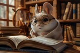 A small rabbit wearing glasses is sitting on top of a book
