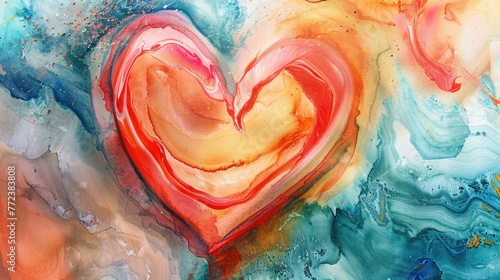 A watercolor background with fluid merging colors forming a heart