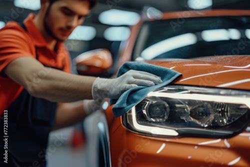 A man cleaning a car with a microfiber cloth